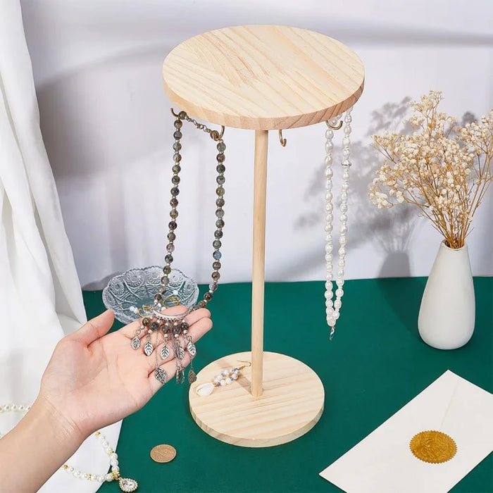 Wooden Jewellery Organiser Tower — 12 or 18 Golden Hooks, Round Base