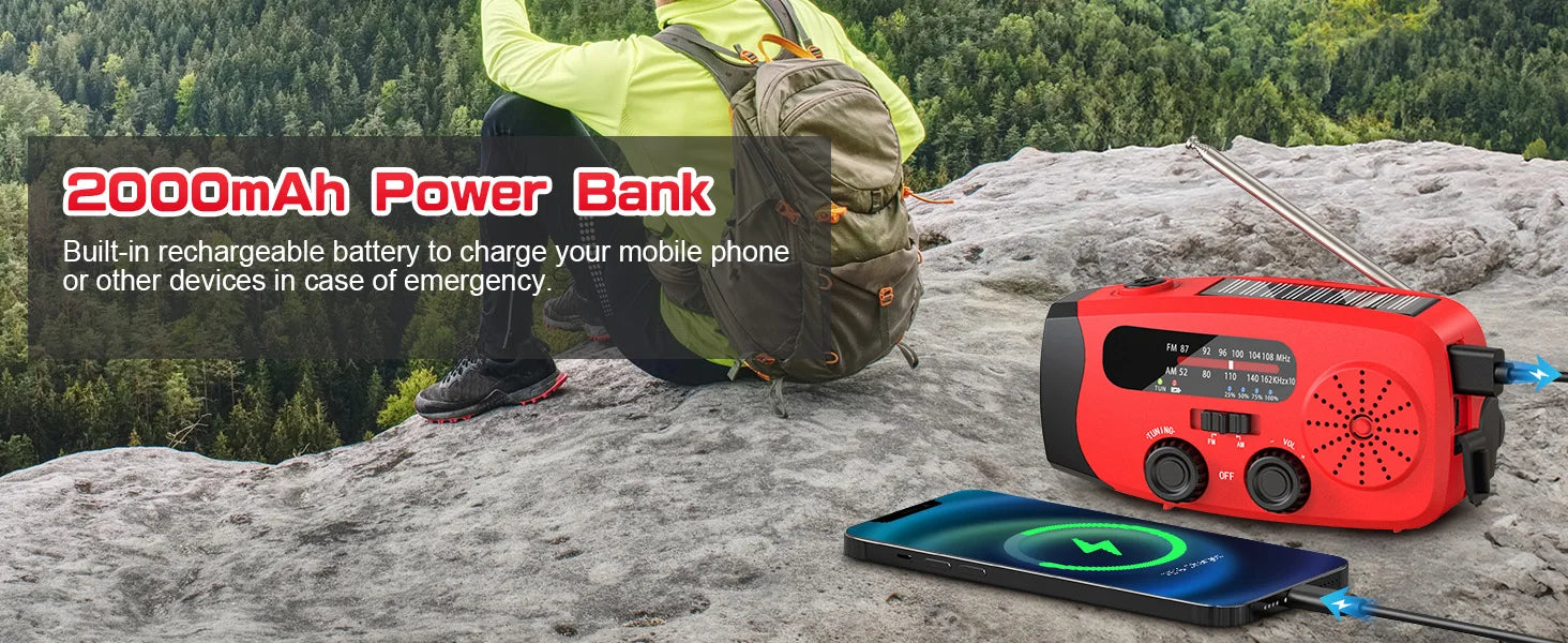 2000mAh Rechargeable Hand‑Crank Emergency Radio with LED SOS and USB Charger