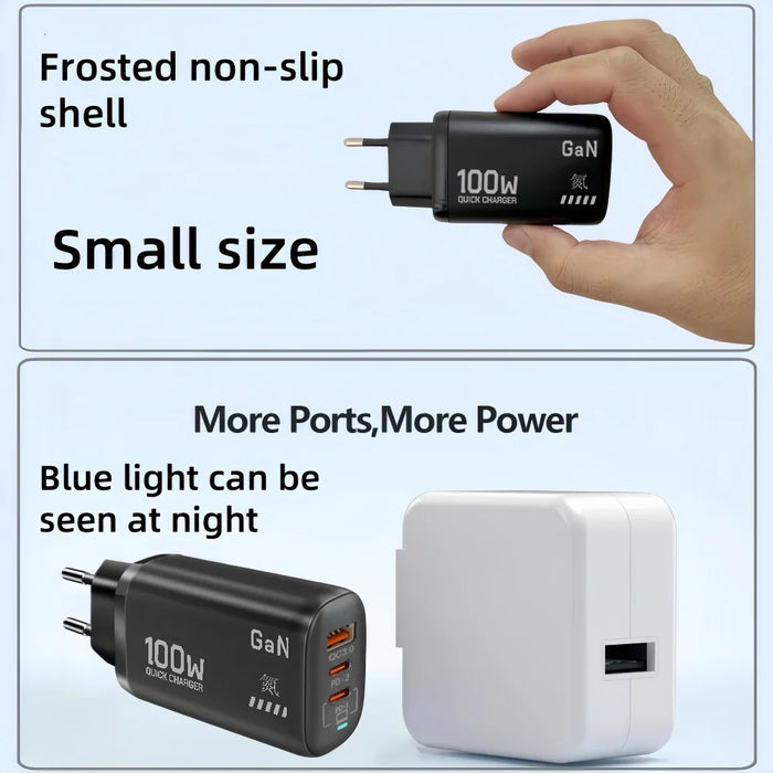 100W GaN USB‑C PD Charger with QC 3.0 — 2x Type‑C + USB‑A, Fast Charge for iPhone 15/16/17 Pro Max, iPad, Samsung & Xiaomi