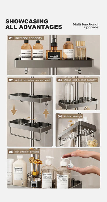 Punch-Free Shower Caddy (Single or Double) — Space Aluminium Shelf with Optional Towel Rail