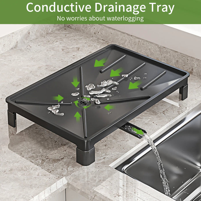 Compact Dish Drying Rack with Cutlery & Cup Holders, Drip Tray — 1-Tier (Black)