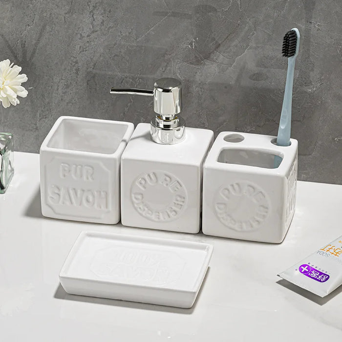 Ceramic 4-Piece Bathroom Organiser Set — Soap Dispenser, Lotion Bottle, Toothbrush Cup & Soap Dish