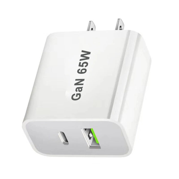 65W GaN USB‑C PD 3.0 2‑Port Wall Charger — USB‑A + USB‑C, White (UK/EU/US/AU plugs)