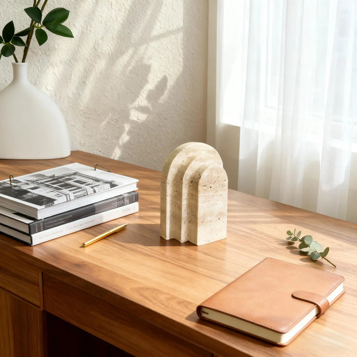 Travertine Marble Bookend — Natural Stone Desk & Bookshelf Accent (1 Piece)