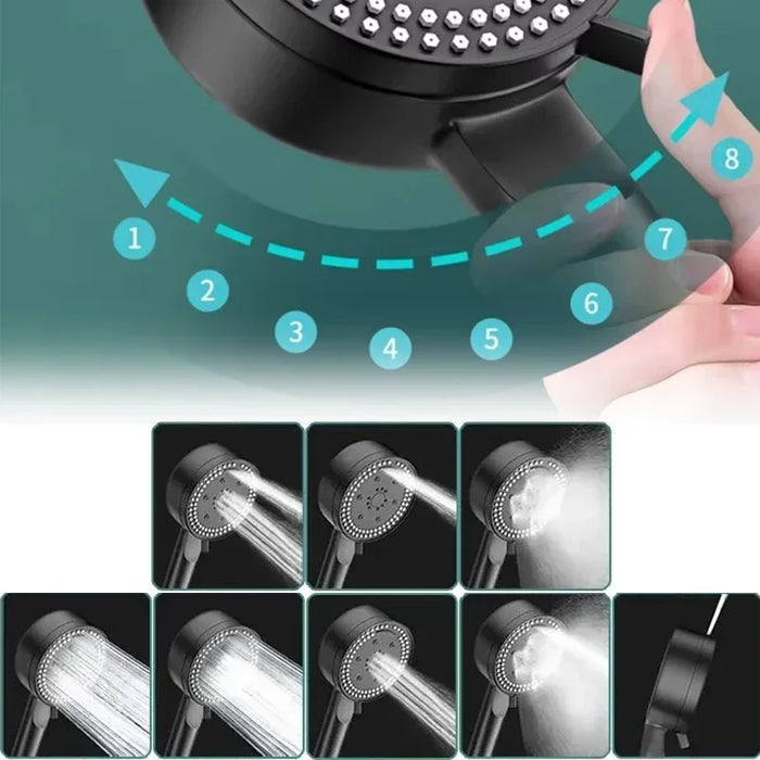 8-Mode High-Pressure Black Handheld Shower Head — Water-Saving, Fall-Resistant