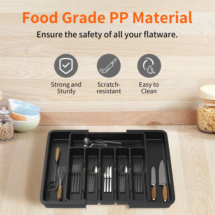Expandable Cutlery Tray — Wooden or Black Plastic, 6–8 Compartments