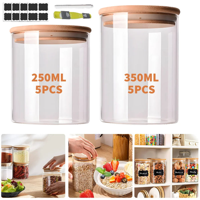 10pc Glass Storage Jar Set with Bamboo Lids — 5×350ml & 5×250ml