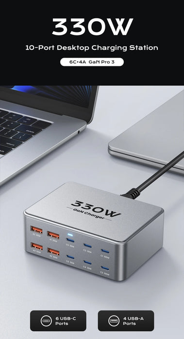 330W GaN 10‑Port USB Charger — 2×100W USB‑C, PD3.0/PPS/QC3.0, for MacBook Pro & iPhone 15/16