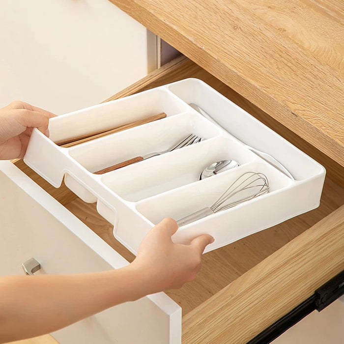 4 or 5-Compartment Cutlery Drawer Organiser – PP Tray, Easy Clean (White)