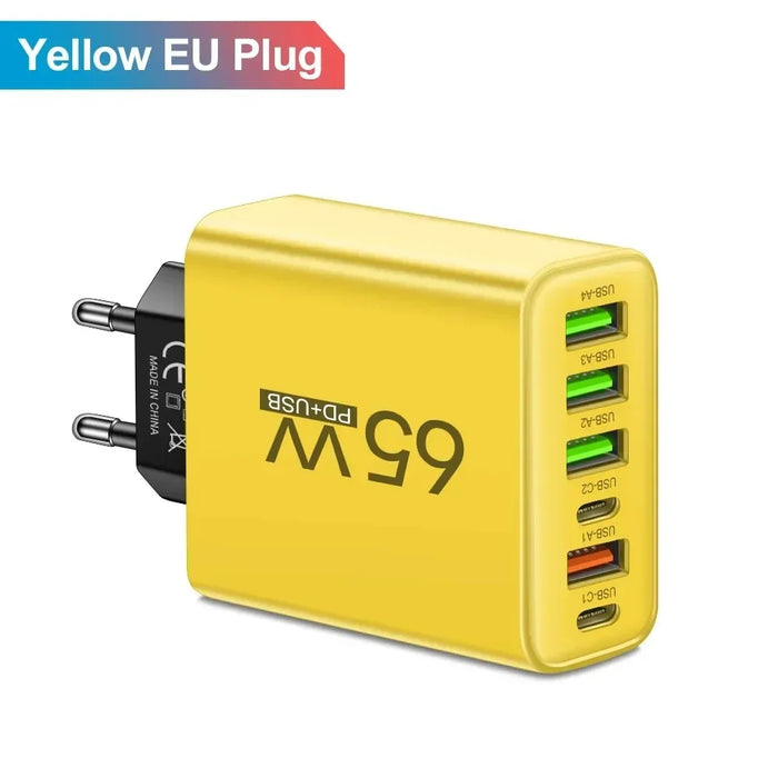 65W 6-Port USB PD Charger – 2x USB‑C PD + 4x USB Fast Wall Charger (EU/US)