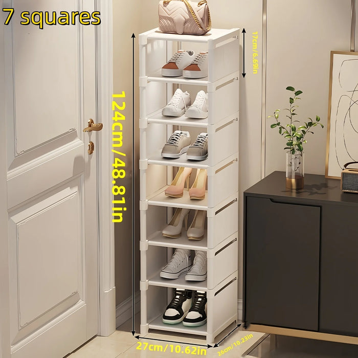 7-Grid Shoe Rack — Metal Tube Frame with Fabric Shelves, Floor Installation, Black or White
