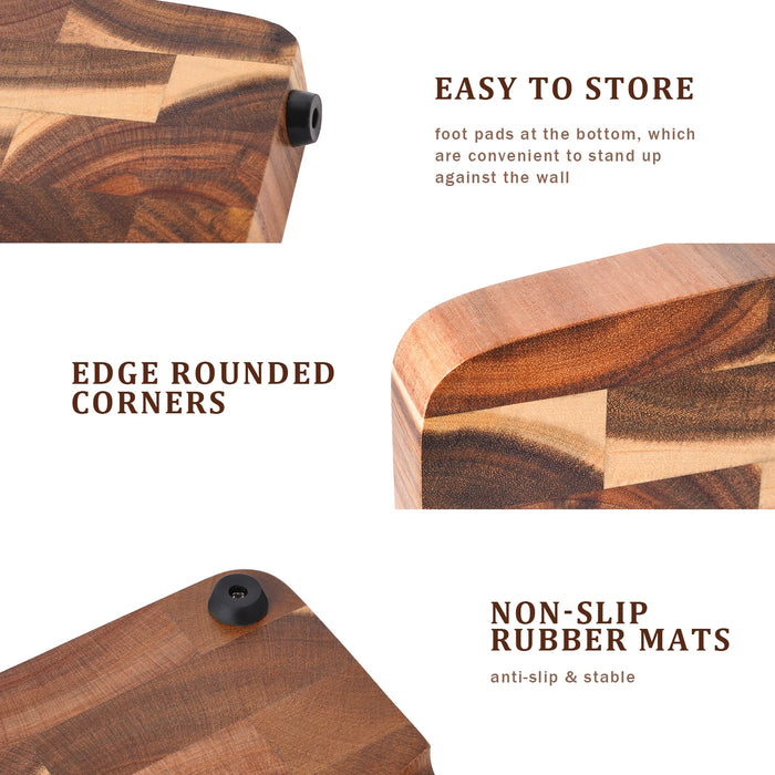 End-grain Acacia Butcher Block Cutting Board with Handle — 395×249×25 mm