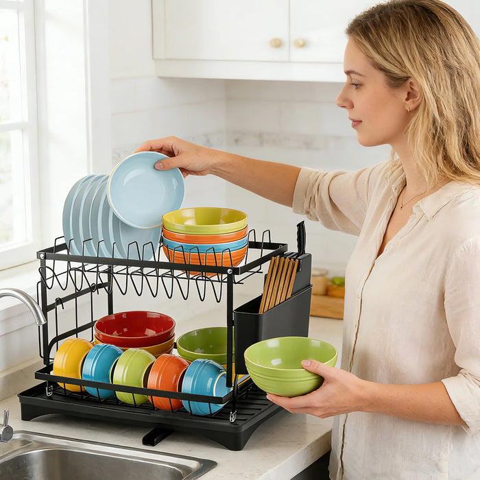 2-Tier Black Carbon Steel Dish Drying Rack with Drip Tray & Utensil Holder