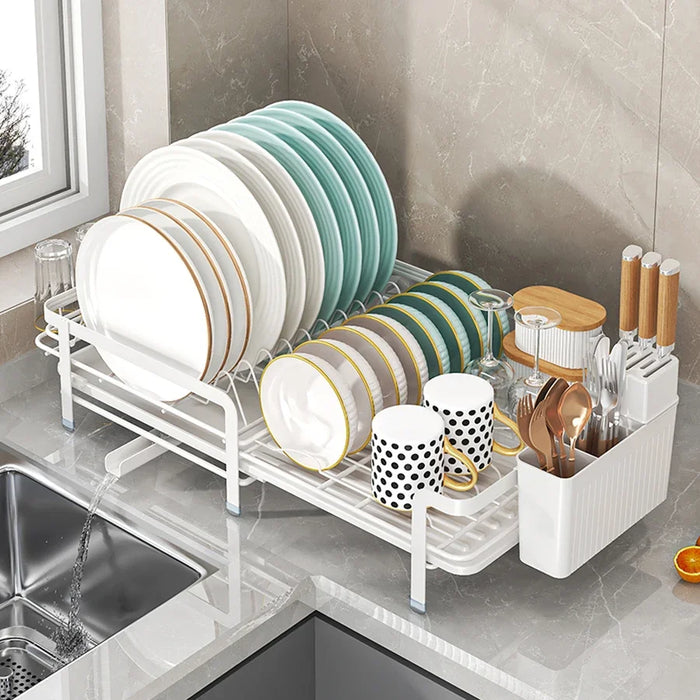 Expandable Dish Drainer with Drainboard — Rustproof Counter Organiser (Black, White, Pink)