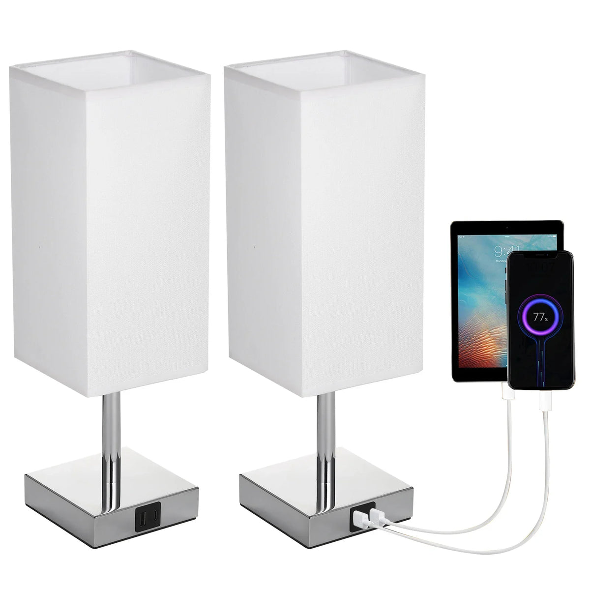 Nachttischlampe mit Stoffschirm - Warmweiße LED-Glühbirne, Touch-Steuerung, Schreibtischlampe, USB-A- und Typ-C-Ladeanschlüsse - Ideal für Nachttische, Arbeitstische und Lernbereiche