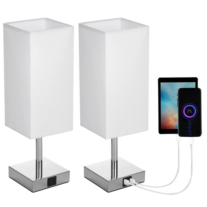 Nachttischlampe mit Stoffschirm - Warmweiße LED-Glühbirne, Touch-Steuerung, Schreibtischlampe, USB-A- und Typ-C-Ladeanschlüsse - Ideal für Nachttische, Arbeitstische und Lernbereiche