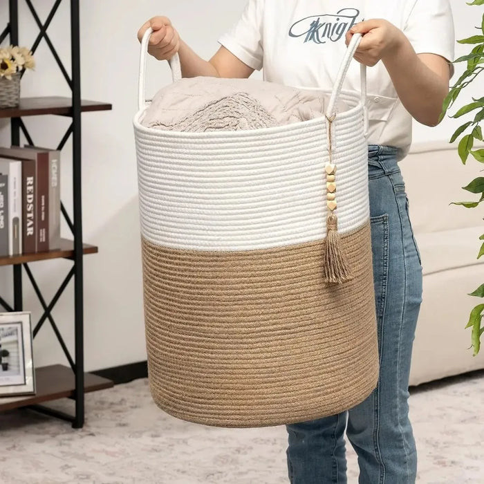 Large Tall Foldable Woven Storage Basket — Cotton-Rope Laundry Hamper
