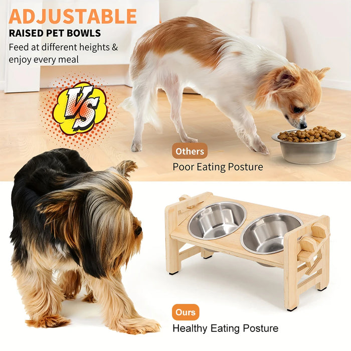 Adjustable Wooden Raised Pet Bowl Stand with 2 Stainless Steel Bowls for Small Dogs & Cats