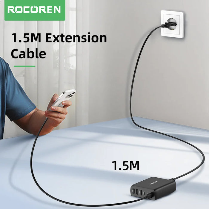 100W GaN 6‑Port Desktop Charger — 3×USB‑C (PD) + 3×USB‑A, 1.5m Cable