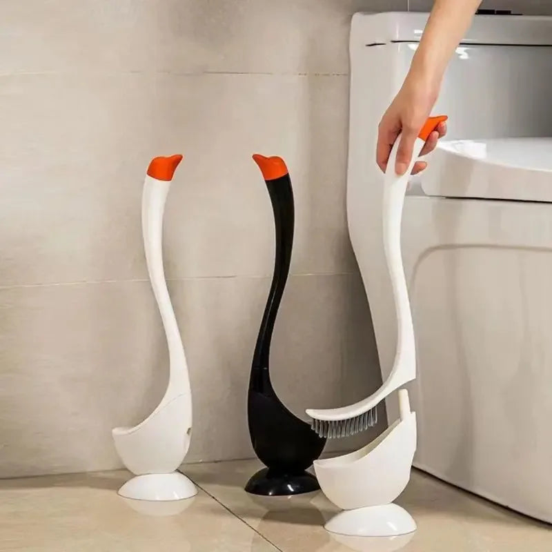 Swan-shaped Long-handle Toilet Brush with Holder — Dense Bristles, ABS (White/Blue/Black)