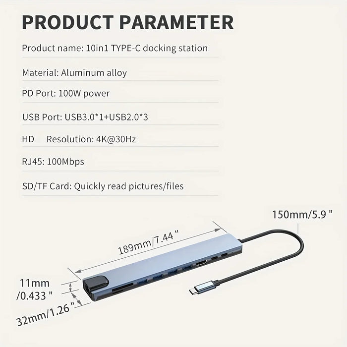 10-in-1 USB-C Hub – 4K@30Hz HDMI-Compatible Docking Station with PD 100W, RJ45 & USB 3.0