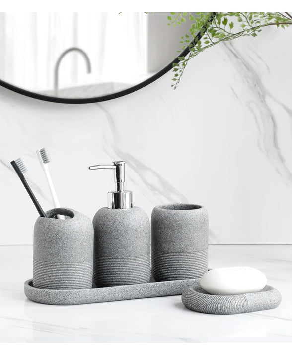5‑Piece Bathroom Accessory Set — Dispenser, Toothbrush Holder, Tumbler, Tray & Soap Dish (Beige or Grey)