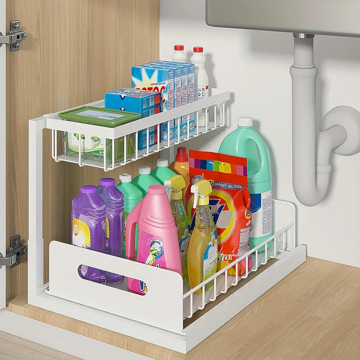 Metal Pull-Out Under-Sink Organiser with Sliding Shelf — Kitchen Storage (White/Black)