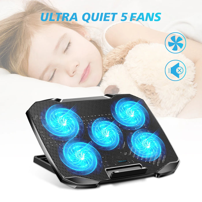 Laptop Cooling Pad 12–17 inch — 5 Quiet Fans, Adjustable Angles & Phone Holder