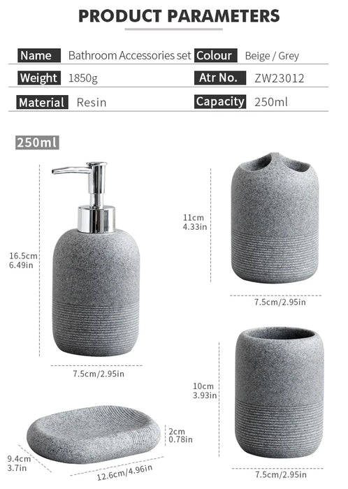 5‑Piece Bathroom Accessory Set — Dispenser, Toothbrush Holder, Tumbler, Tray & Soap Dish (Beige or Grey)