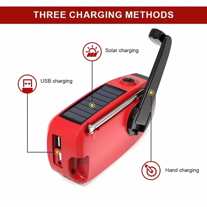 Solar Hand-Crank Emergency Radio with LED Torch — 2000mAh, USB Charging