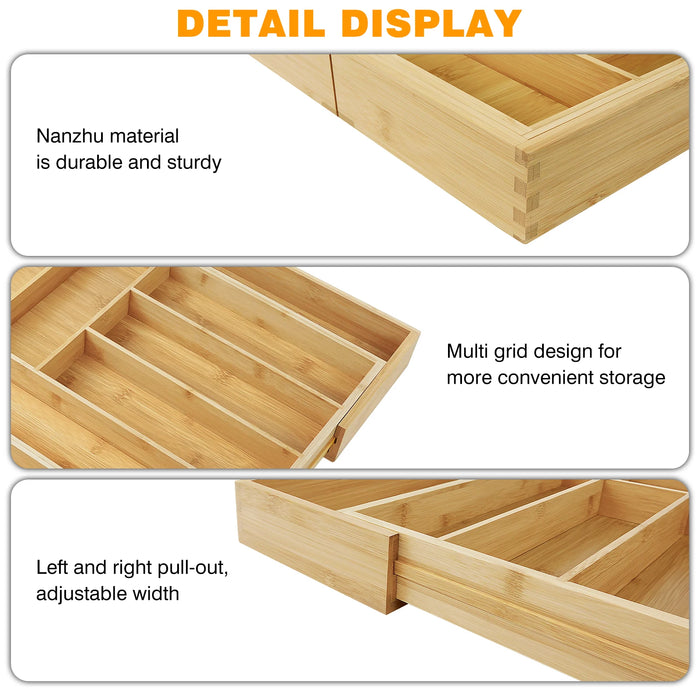 Expandable Bamboo Cutlery Tray – 6–8 Compartment Drawer Organiser (32–52cm)