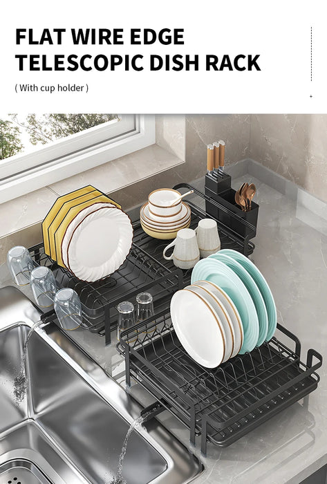 Expandable Dish Drainer with Drainboard — Rustproof Counter Organiser (Black, White, Pink)