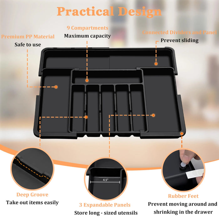 Expandable Kitchen Drawer Organiser for Cutlery – Adjustable 6–9 Slot Tray, Black