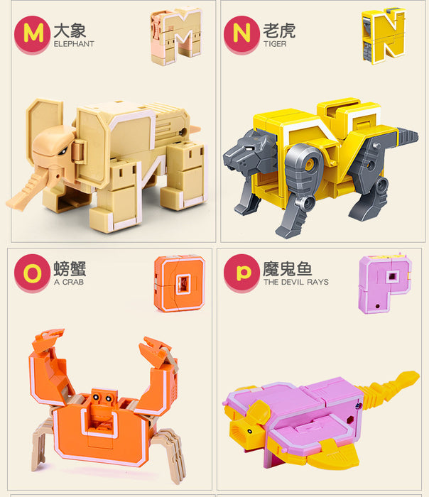 GUDI 26-piece A–Z Transforming Alphabet Robot & Dinosaur Building Block Toys