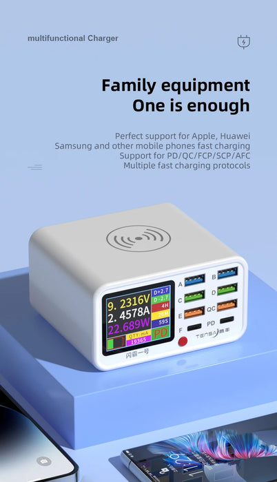 8-Port Wireless Fast Charging Station — 15W Wireless, 65W Total, PD & QC