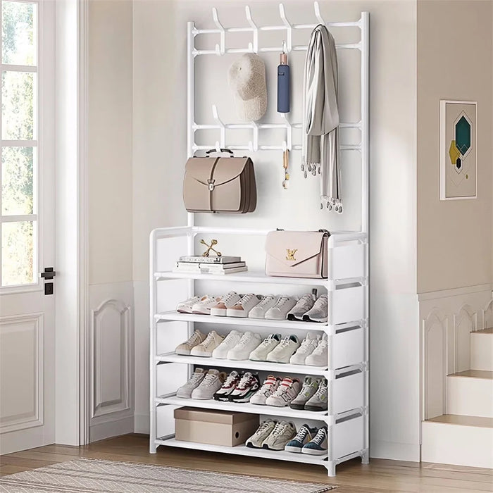 5-Tier Metal Coat & Shoe Rack with 8 Hooks — White