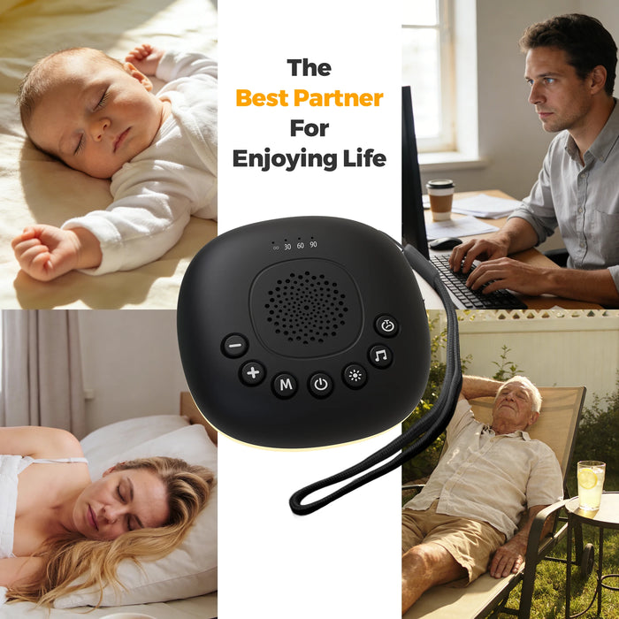White Noise Machine — 20 Soothing Sounds, Night Light Timer, USB-C Rechargeable, Portable with Lanyard