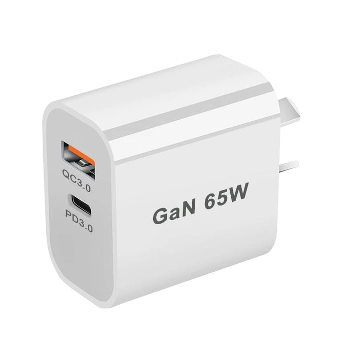 65W GaN USB‑C PD 3.0 2‑Port Wall Charger — USB‑A + USB‑C, White (UK/EU/US/AU plugs)