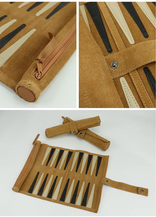 Portable Roll-Up Chess & Backgammon Set with Suede Case and Black & White Pieces