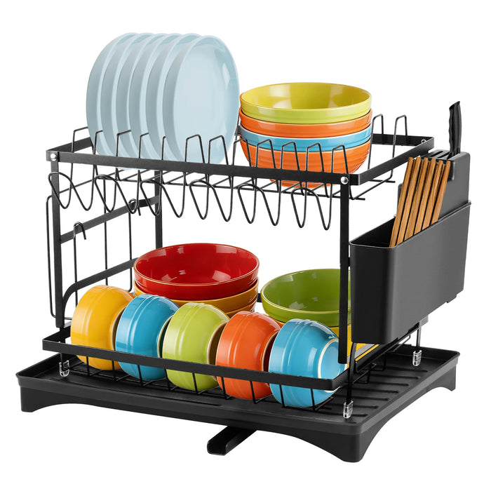 2-Tier Black Carbon Steel Dish Drying Rack with Drip Tray & Utensil Holder