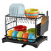 2-Tier Black Carbon Steel Dish Drying Rack with Drip Tray & Utensil Holder