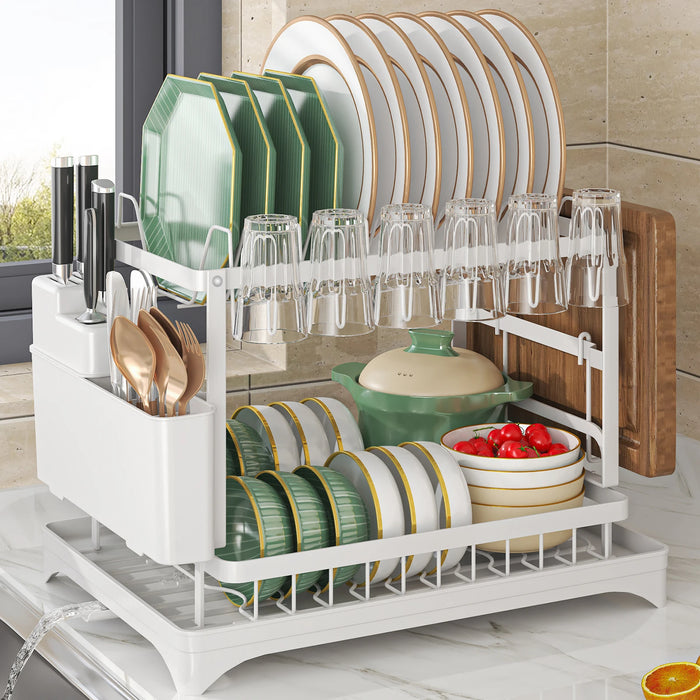 2-Tier Metal Dish Drainer with Draining Spout, Cutlery & Cup Holders
