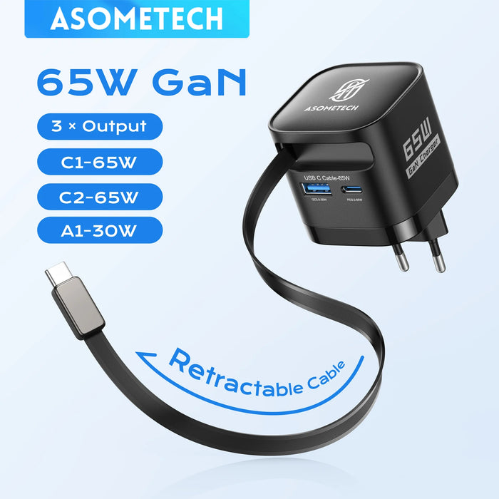 65W GaN 3‑Port USB Charger with Retractable USB‑C Cable — PD3.0, QC4.0, PPS