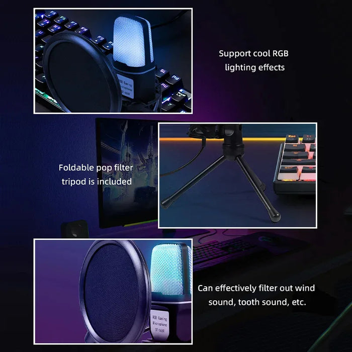 USB Condenser Microphone with RGB Lighting — Noise‑Reducing Streaming & Gaming Mic (Black)