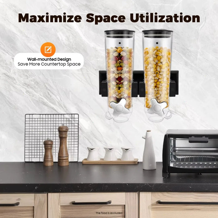 3L Wall‑Mounted Double Cereal Dispenser — Black with Measuring Cups
