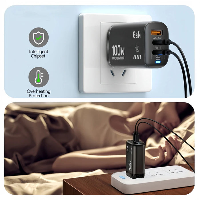 100W GaN USB‑C PD Charger with QC 3.0 — 2x Type‑C + USB‑A, Fast Charge for iPhone 15/16/17 Pro Max, iPad, Samsung & Xiaomi