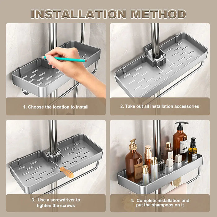 Punch-Free Shower Caddy (Single or Double) — Space Aluminium Shelf with Optional Towel Rail