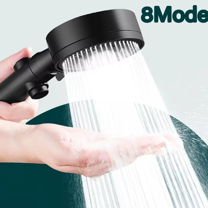 8-Mode High-Pressure Black Handheld Shower Head — Water-Saving, Fall-Resistant