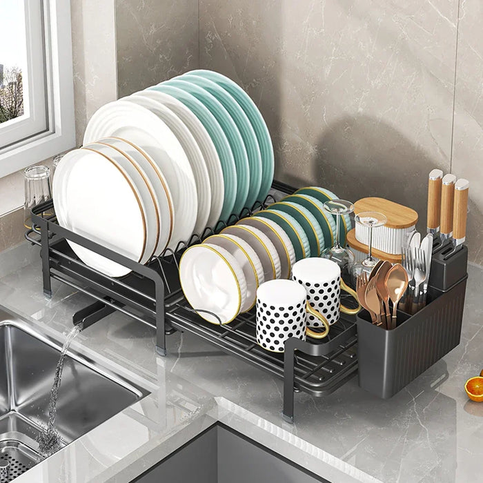 Expandable Dish Drainer with Drainboard — Rustproof Counter Organiser (Black, White, Pink)