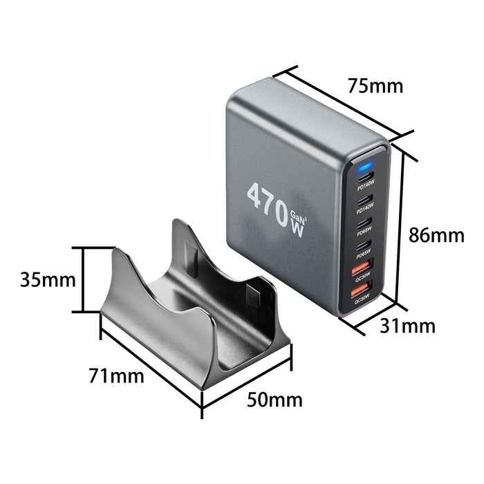 470W 6‑Port GaN Desktop Charger — 4C+2A USB‑C PD Fast Charge for Phones, Tablets & Laptops